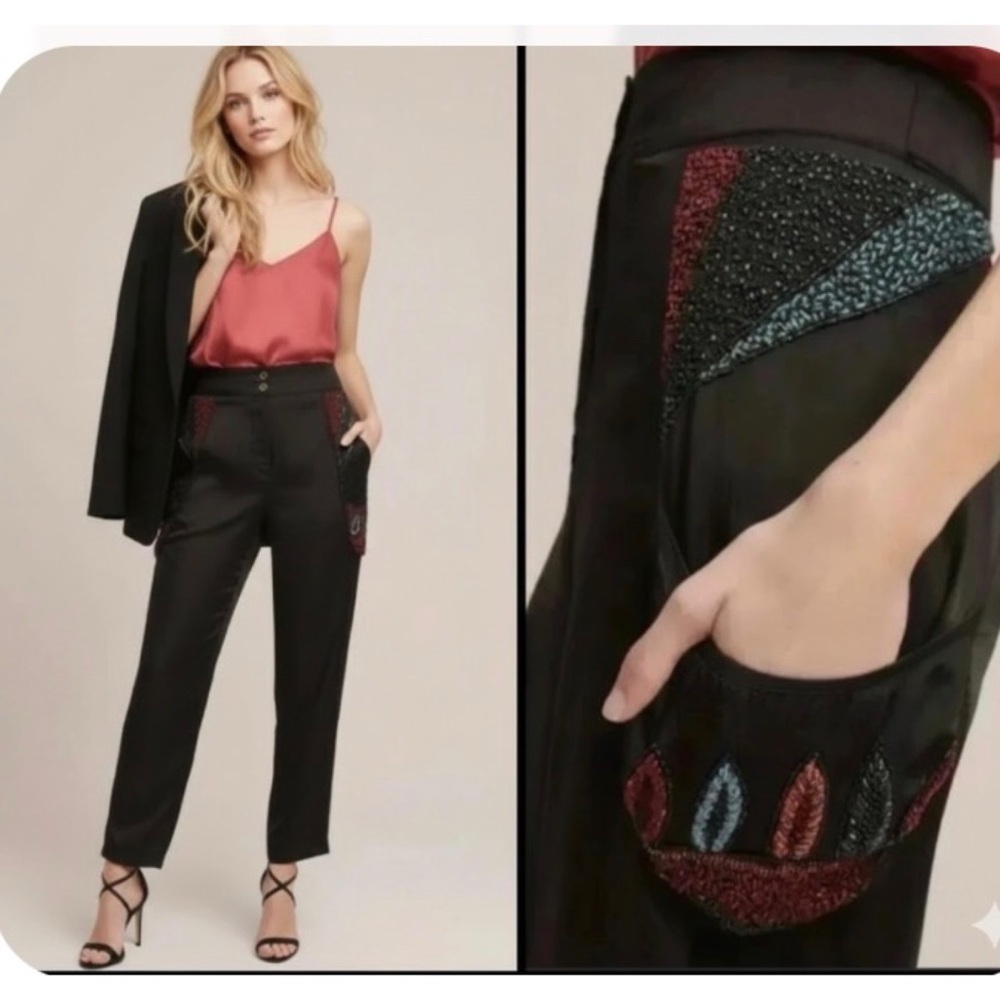Anthropologie Boho Raga Bead Embellished Silky Satin Whimsical Pants Size S
